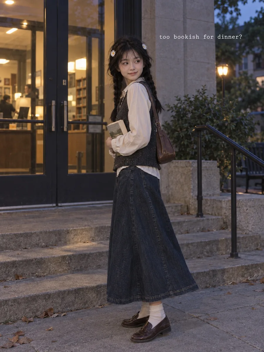 KOL AI Zoe đứng trước thư viện lúc chiều tối, chân váy denim dài